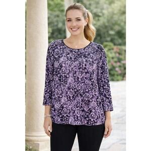 JM Collection Women's Purple & Black Abstract Print Soft Stretch Knit Top, XL